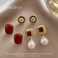 Retro Red Baroque Pearl Simple and High-end  Earrings for Women