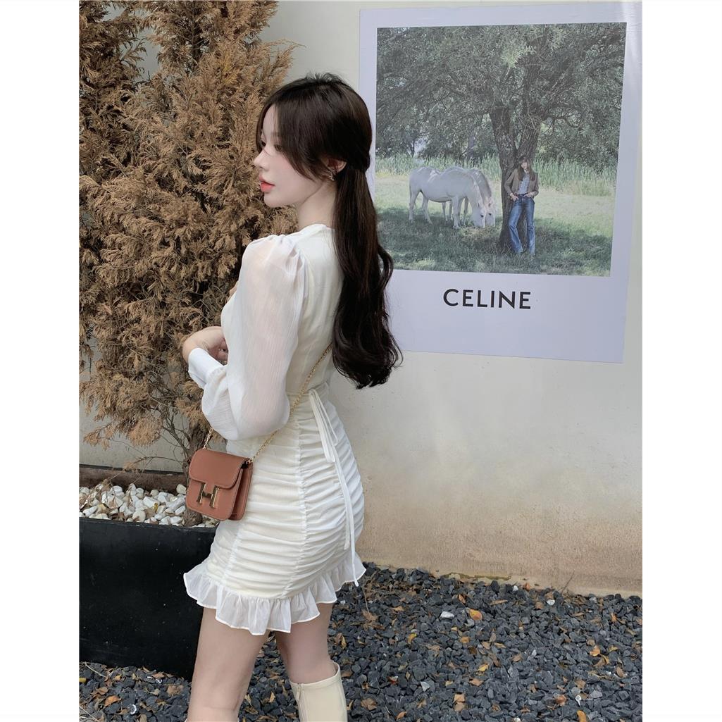 French Style Puff Sleeve ruffle Trim Chiffon Skirt White Dress