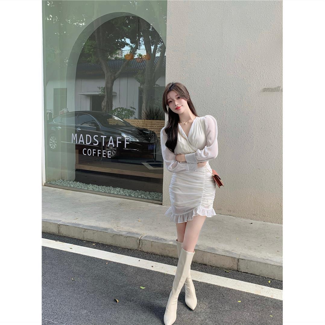 French Style Puff Sleeve ruffle Trim Chiffon Skirt White Dress