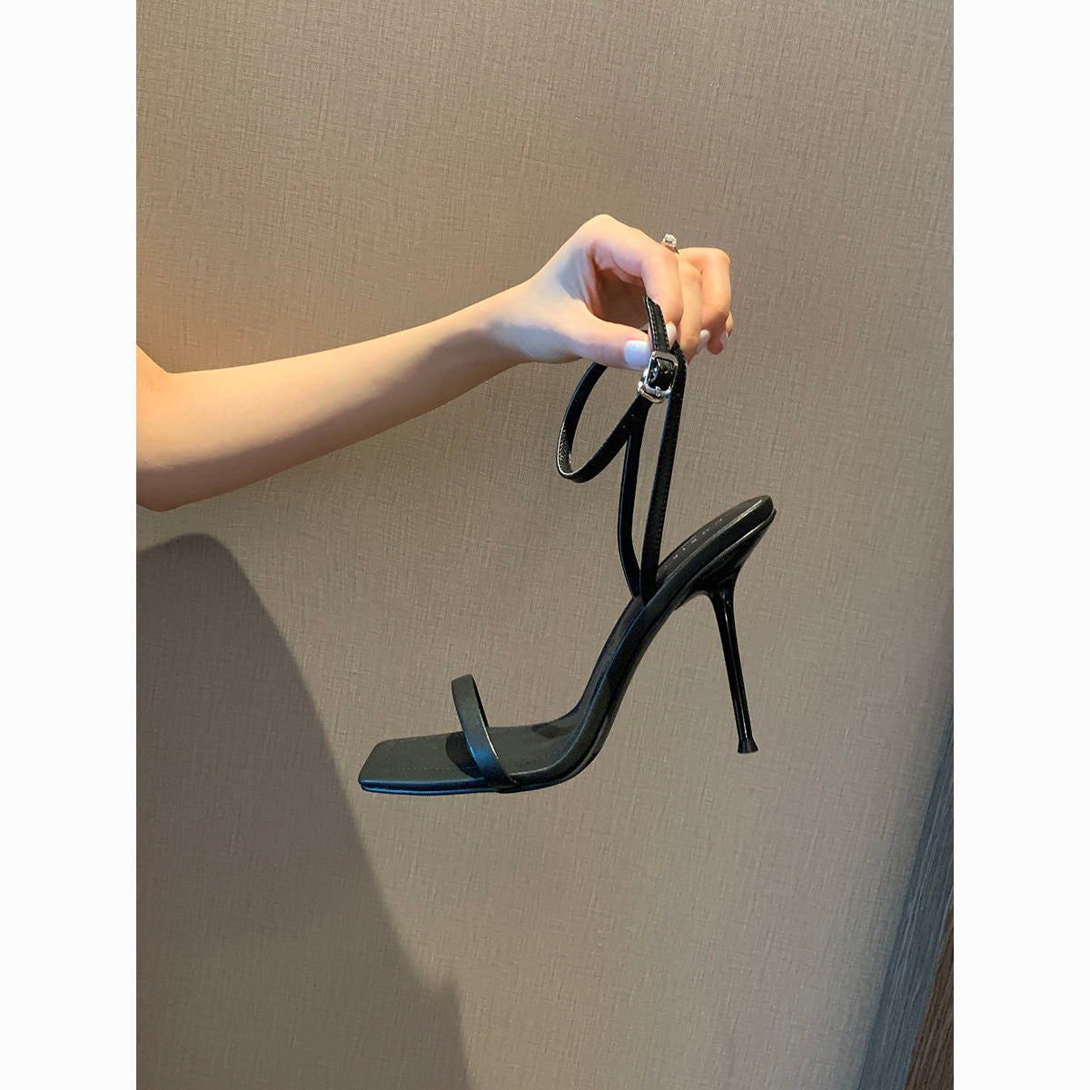 One-line buckle square open toe versatile sexy stiletto fairy style fashion high heels