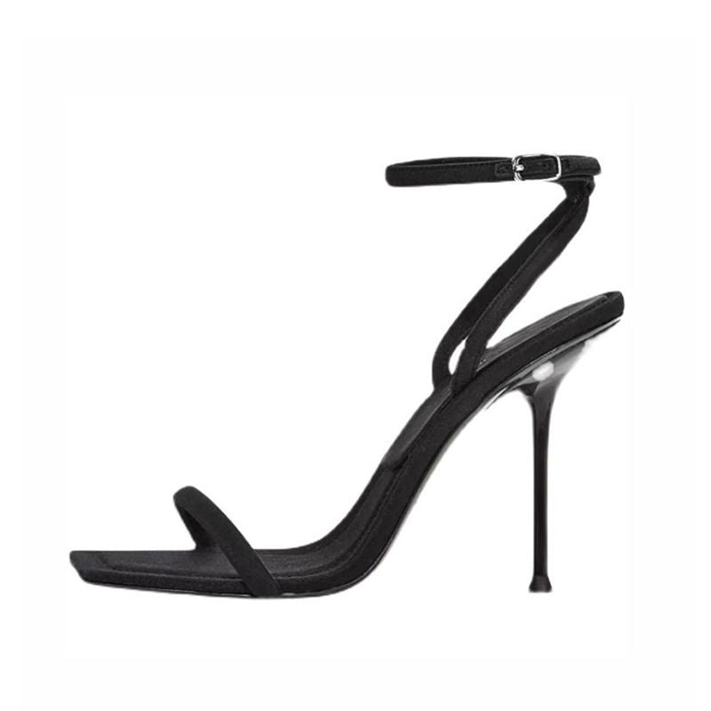 One-line buckle square open toe versatile sexy stiletto fairy style fashion high heels