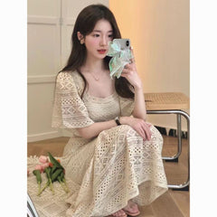 Summer retro square collar high-end French high-waisted  lace maxi dress