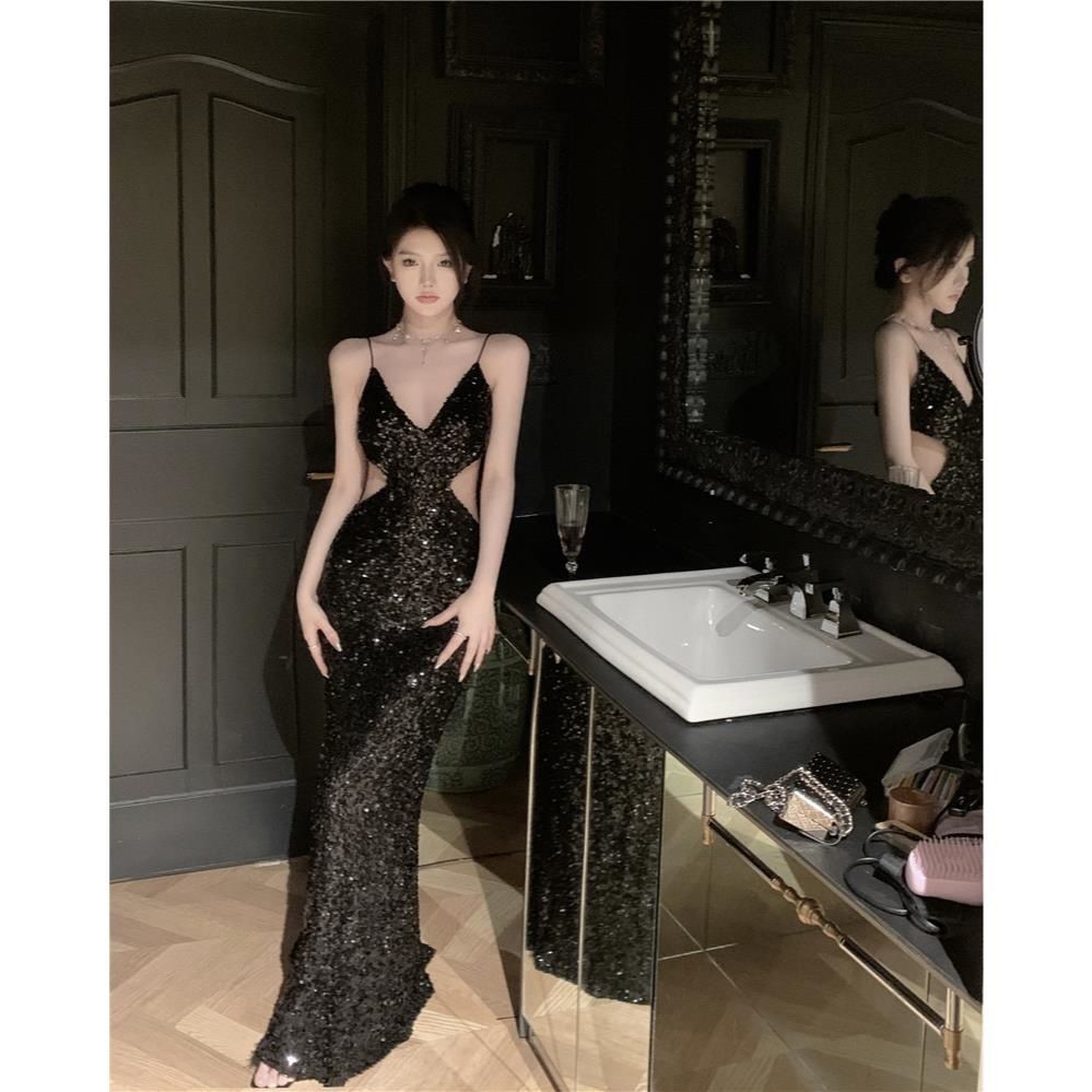 Black sequin spaghetti strap dress backless party high-end long dress