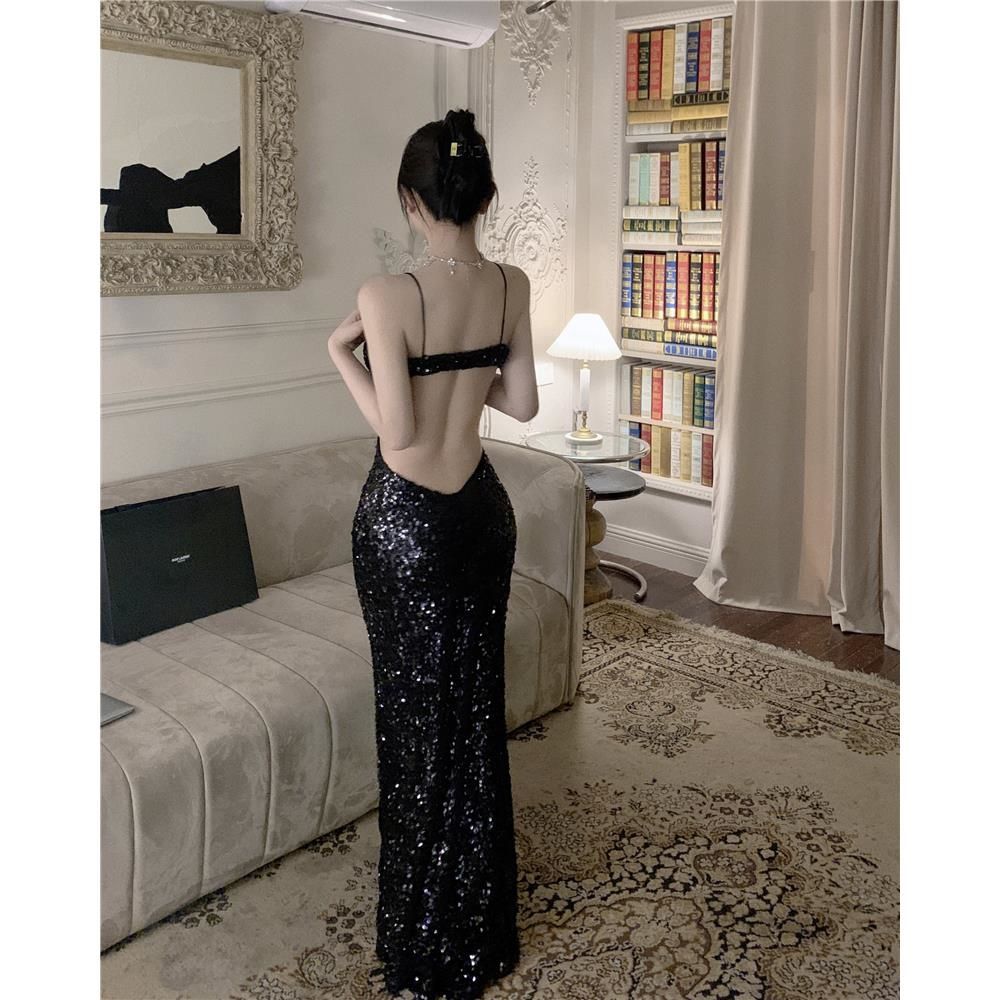 Black sequin spaghetti strap dress backless party high-end long dress