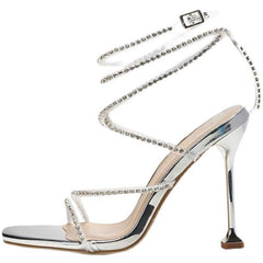 Silver Rhinestone Open Toe Snake Wrap Strap One-Buckle Stiletto High Heels