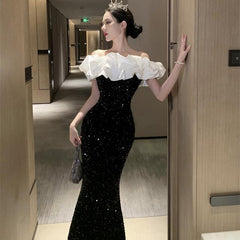 OFF-shoulder black sequined velvet  lace aesthetic splicing slim hip-hugging high-end maxi dress