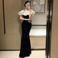 OFF-shoulder black sequined velvet  lace aesthetic splicing slim hip-hugging high-end maxi dress