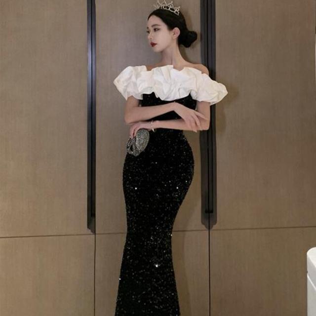 OFF-shoulder black sequined velvet  lace aesthetic splicing slim hip-hugging high-end maxi dress