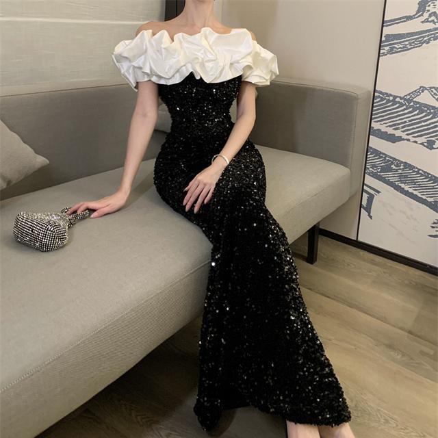 OFF-shoulder black sequined velvet  lace aesthetic splicing slim hip-hugging high-end maxi dress