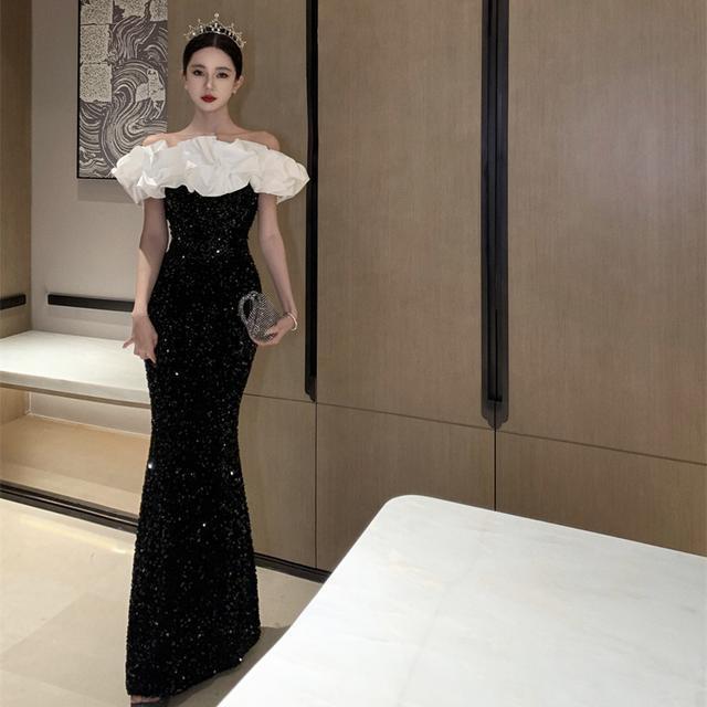 OFF-shoulder black sequined velvet  lace aesthetic splicing slim hip-hugging high-end maxi dress