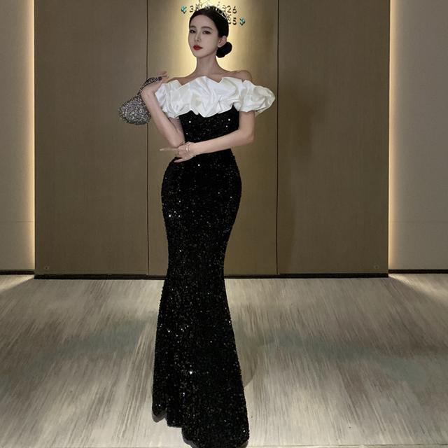 OFF-shoulder black sequined velvet  lace aesthetic splicing slim hip-hugging high-end maxi dress