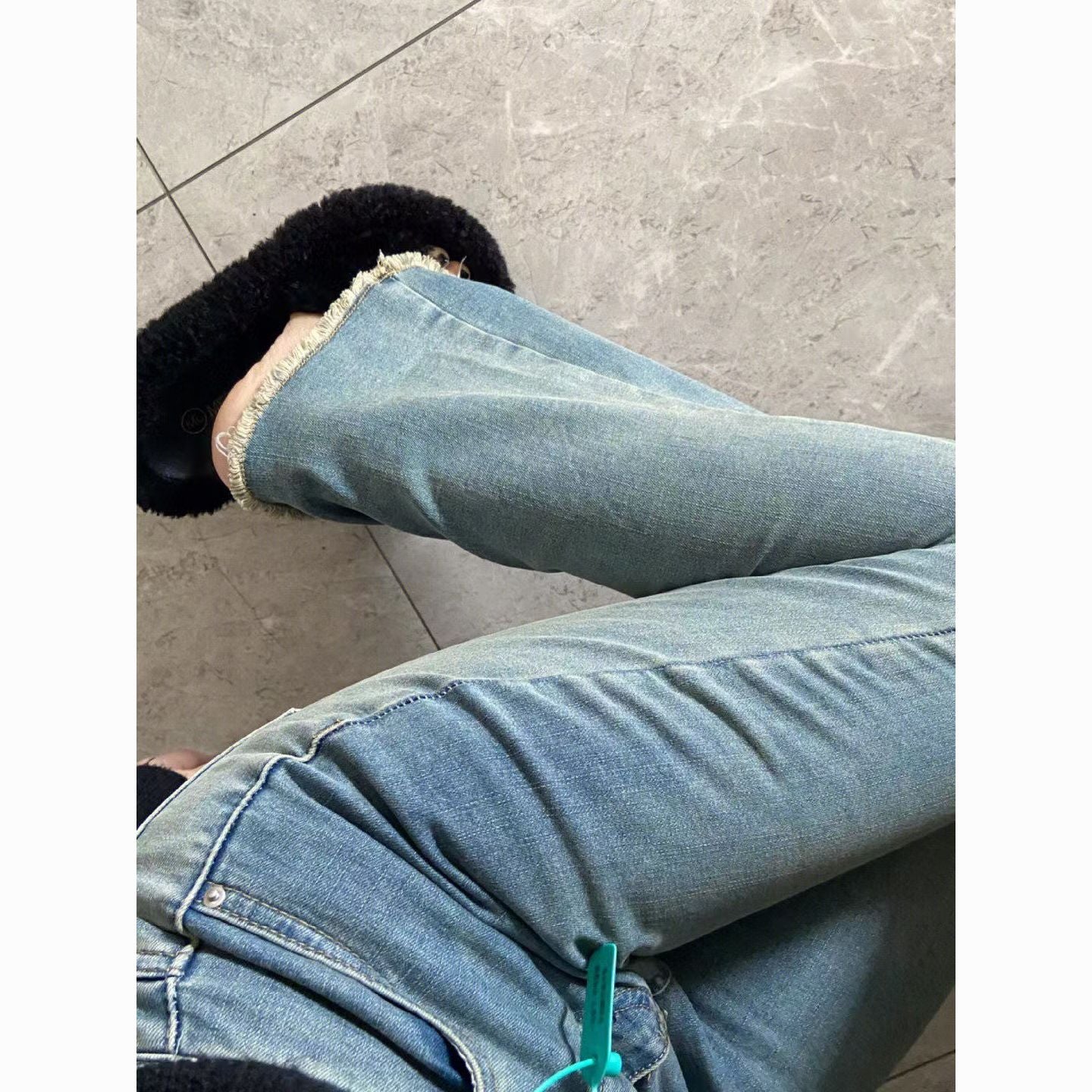 Raw edge micro-flared jeans high-waisted slim retro blue horseshoe pants