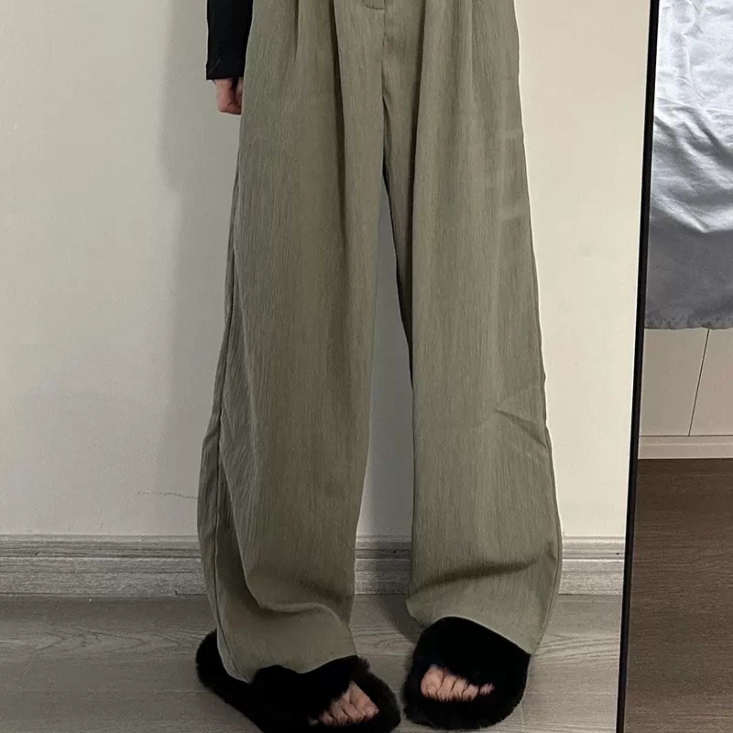 Gray green retro pleated casual suit pants loose design high waist straight wide leg trousers