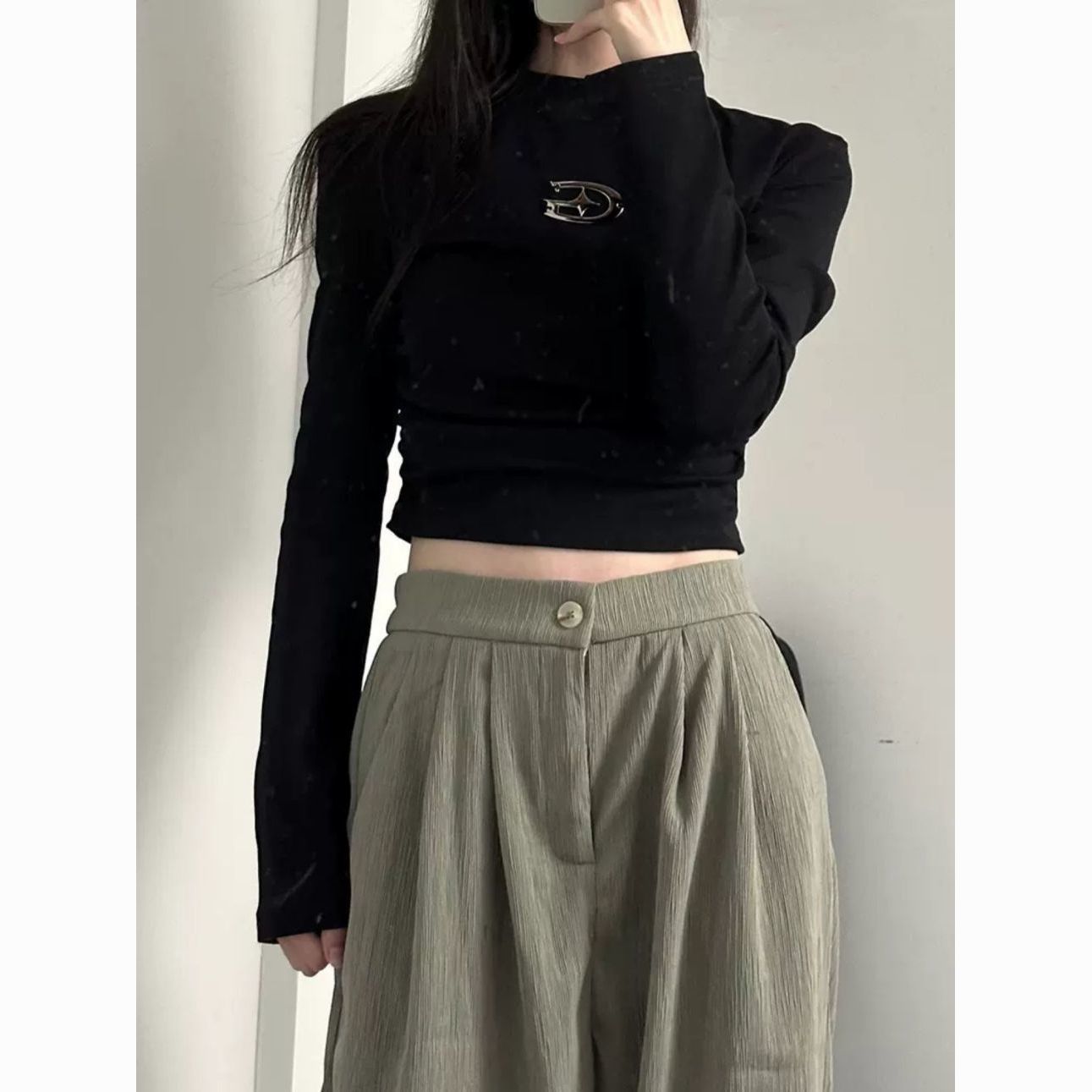 Gray green retro pleated casual suit pants loose design high waist straight wide leg trousers