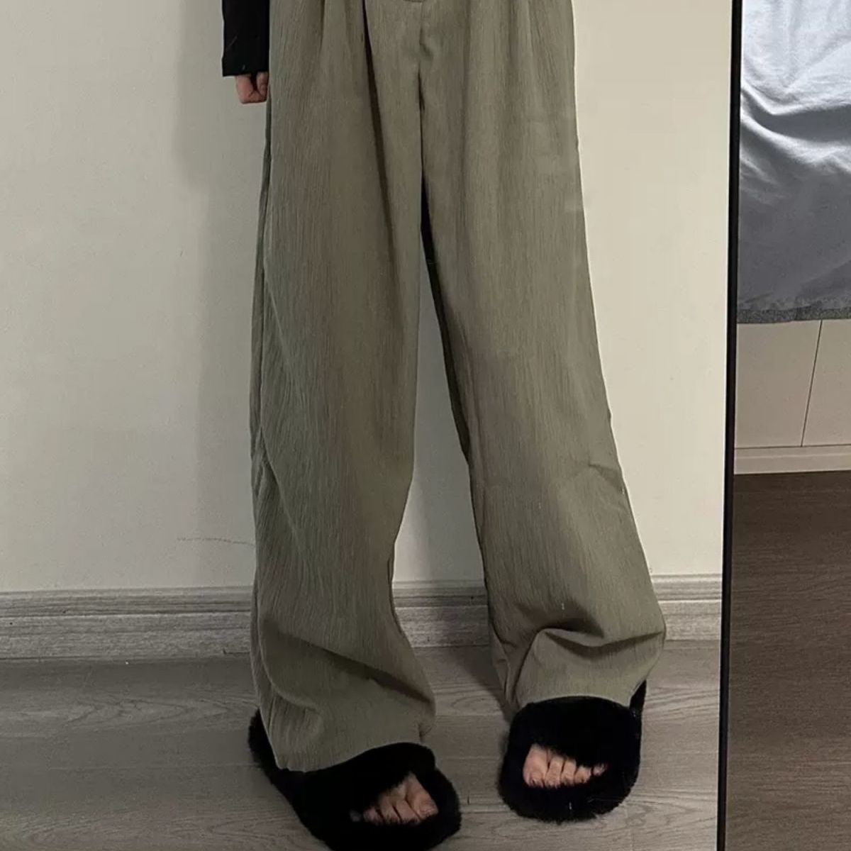 Gray green retro pleated casual suit pants loose design high waist straight wide leg trousers