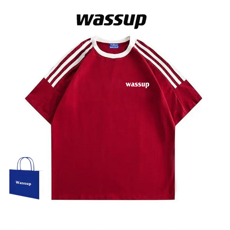 WASSUP three-stripe short-sleeved T-shirt UNISEX summer heavy loose casual couple half-sleeved tops