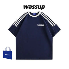 WASSUP three-stripe short-sleeved T-shirt UNISEX summer heavy loose casual couple half-sleeved tops