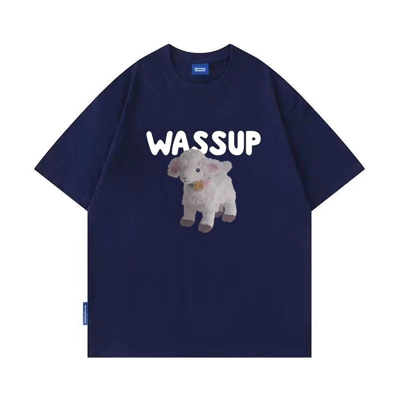 WASSUP little cute sheep heavyweight 270G pure cotton unisex loose T-shirt casual all-match half-sleeve Top