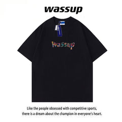 Summer WASSUP casual short-sleeved T-shirt loose pure cotton heavy off-shoulder tops