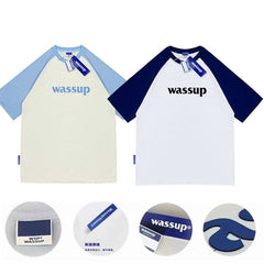 Wassup 3D laminated short-sleeved pure cottonT-shirt couples loose splicing T-shirt