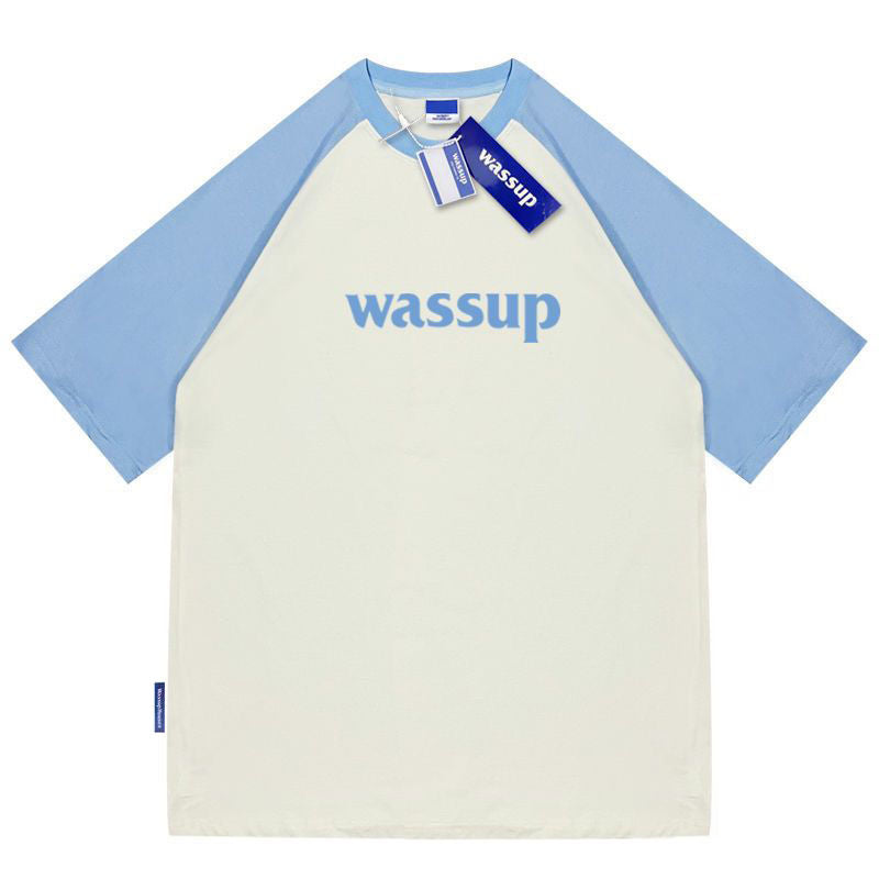 Wassup 3D laminated short-sleeved pure cottonT-shirt couples loose splicing T-shirt