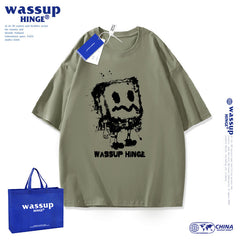 WASSUP SPONGE-BOB heavyweight pure cotton black and white loose half-sleeved ins couple t-shirt