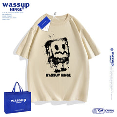 WASSUP SPONGE-BOB heavyweight pure cotton black and white loose half-sleeved ins couple t-shirt