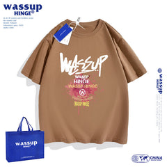 WASSUP Red Art holi short-sleeved T-shirt  loose cotton large size style clothes for men