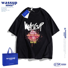 WASSUP Red Art holi short-sleeved T-shirt  loose cotton large size style clothes for men