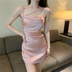 French style sexy exposed collarbone high waist tight spaghetti strap dress