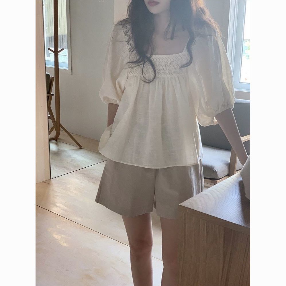 Korean hook pattern hollow loose square collar doll summer puff sleeve shirt