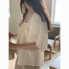 Korean hook pattern hollow loose square collar doll summer puff sleeve shirt