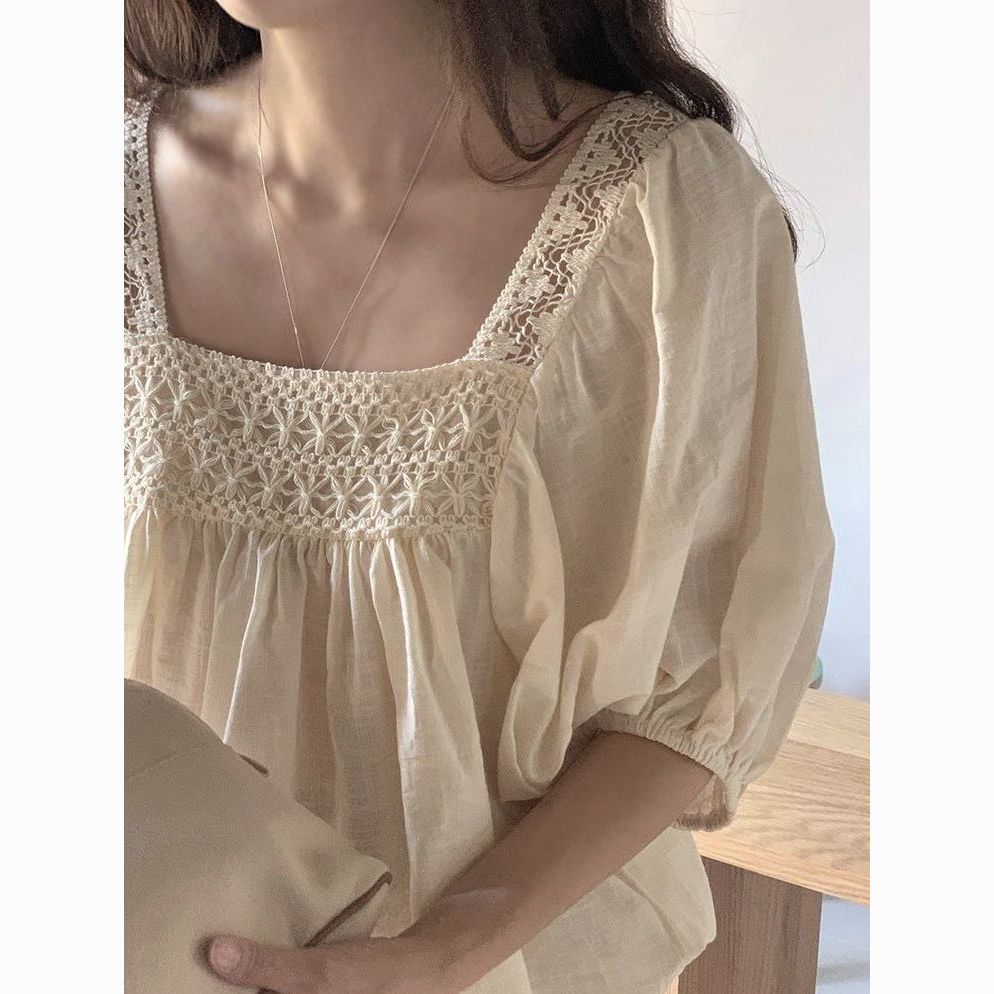 Korean hook pattern hollow loose square collar doll summer puff sleeve shirt