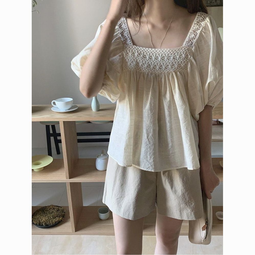 Korean hook pattern hollow loose square collar doll summer puff sleeve shirt