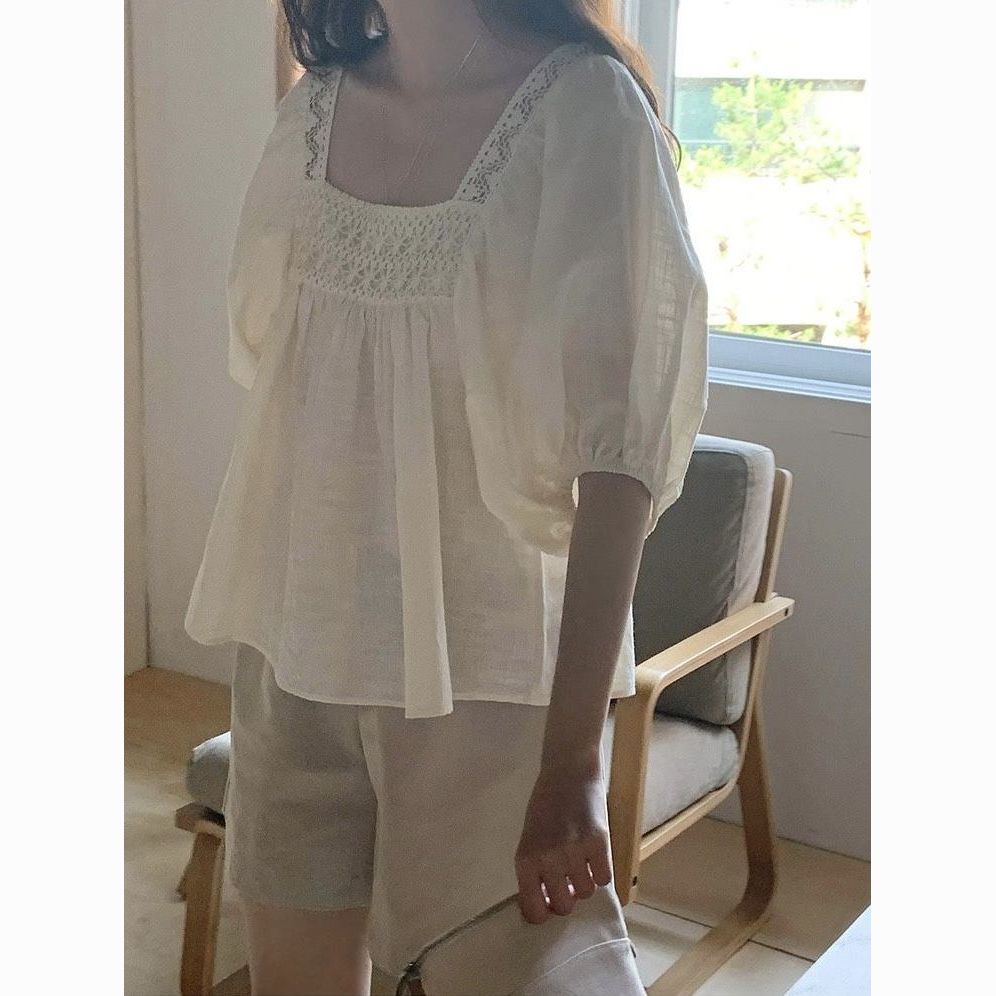 Korean hook pattern hollow loose square collar doll summer puff sleeve shirt