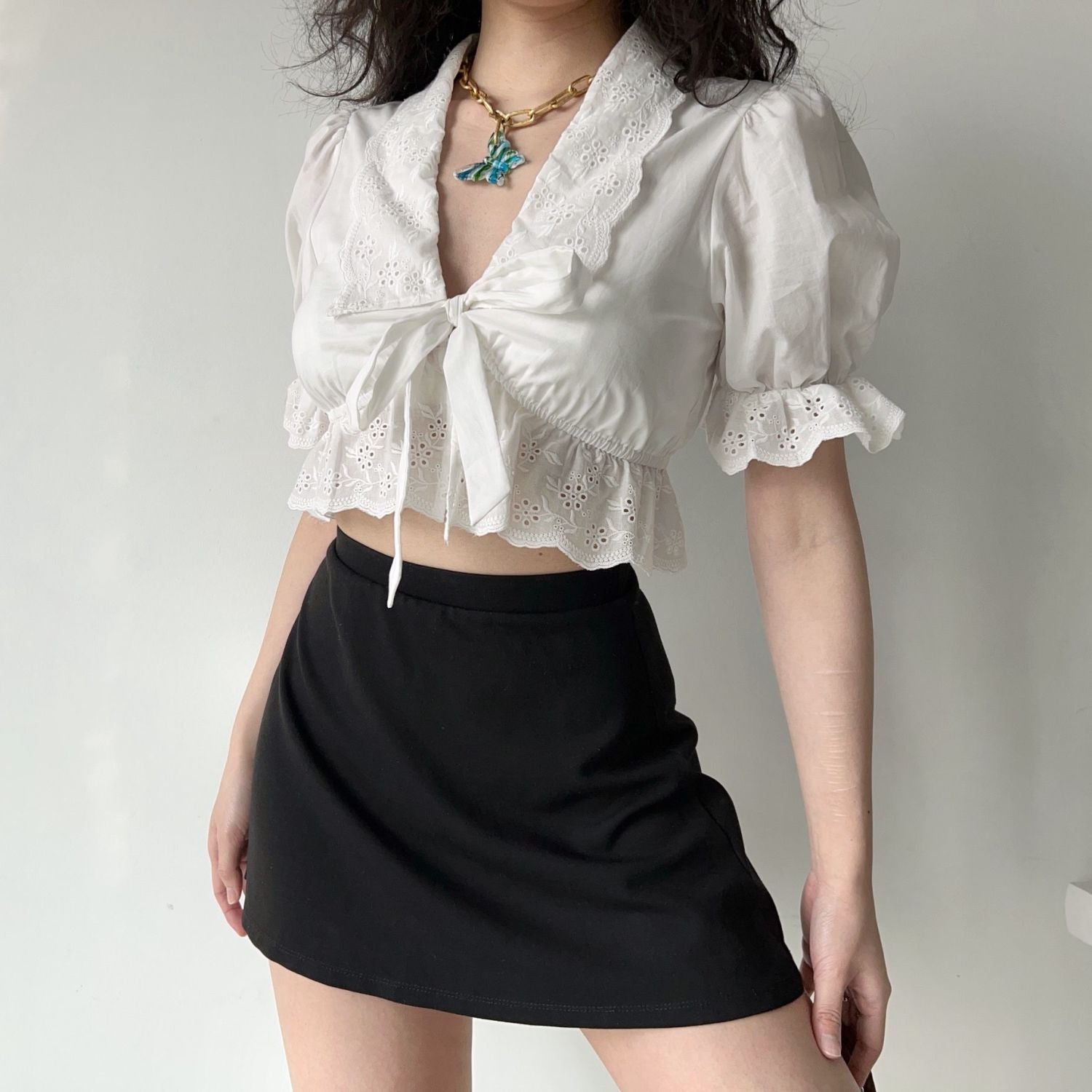 French palace style puff sleeves embroidered lace straps sexy versatile white crop  top