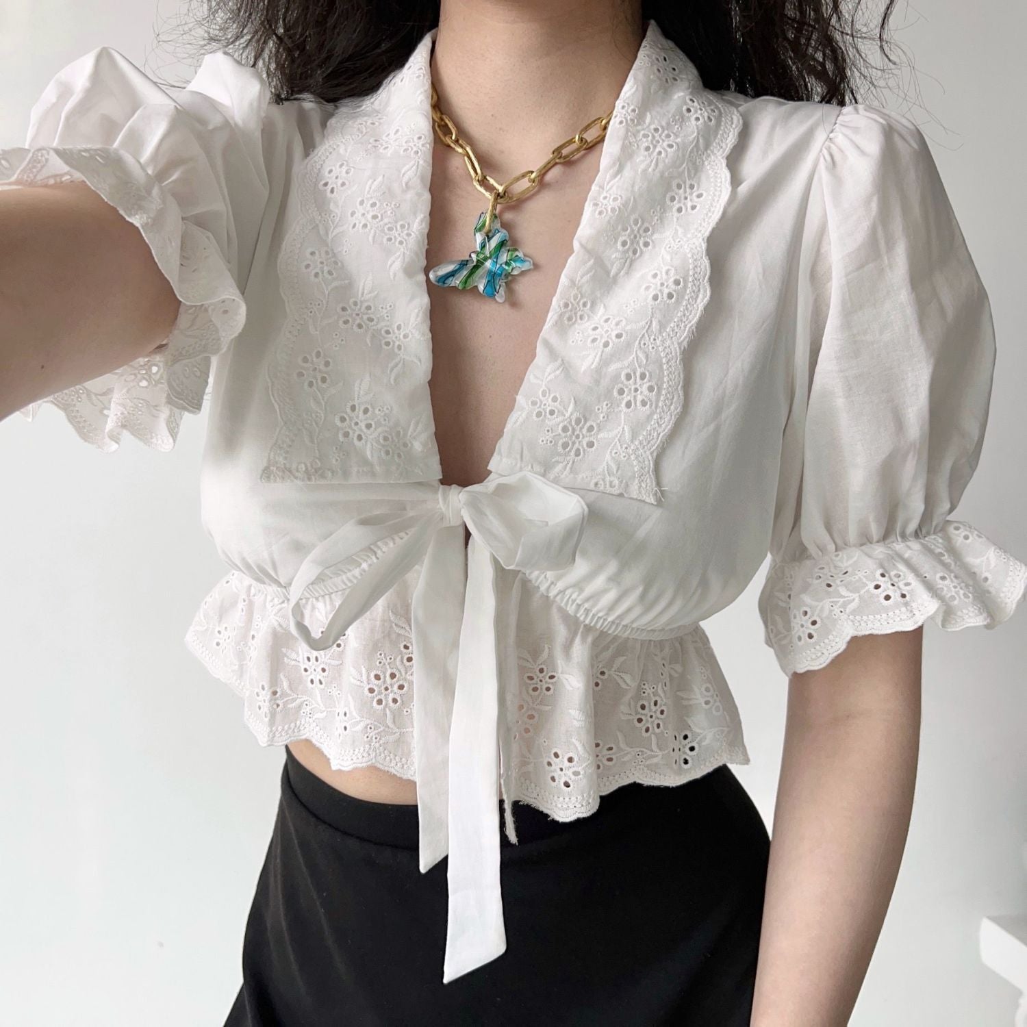 French palace style puff sleeves embroidered lace straps sexy versatile white crop  top