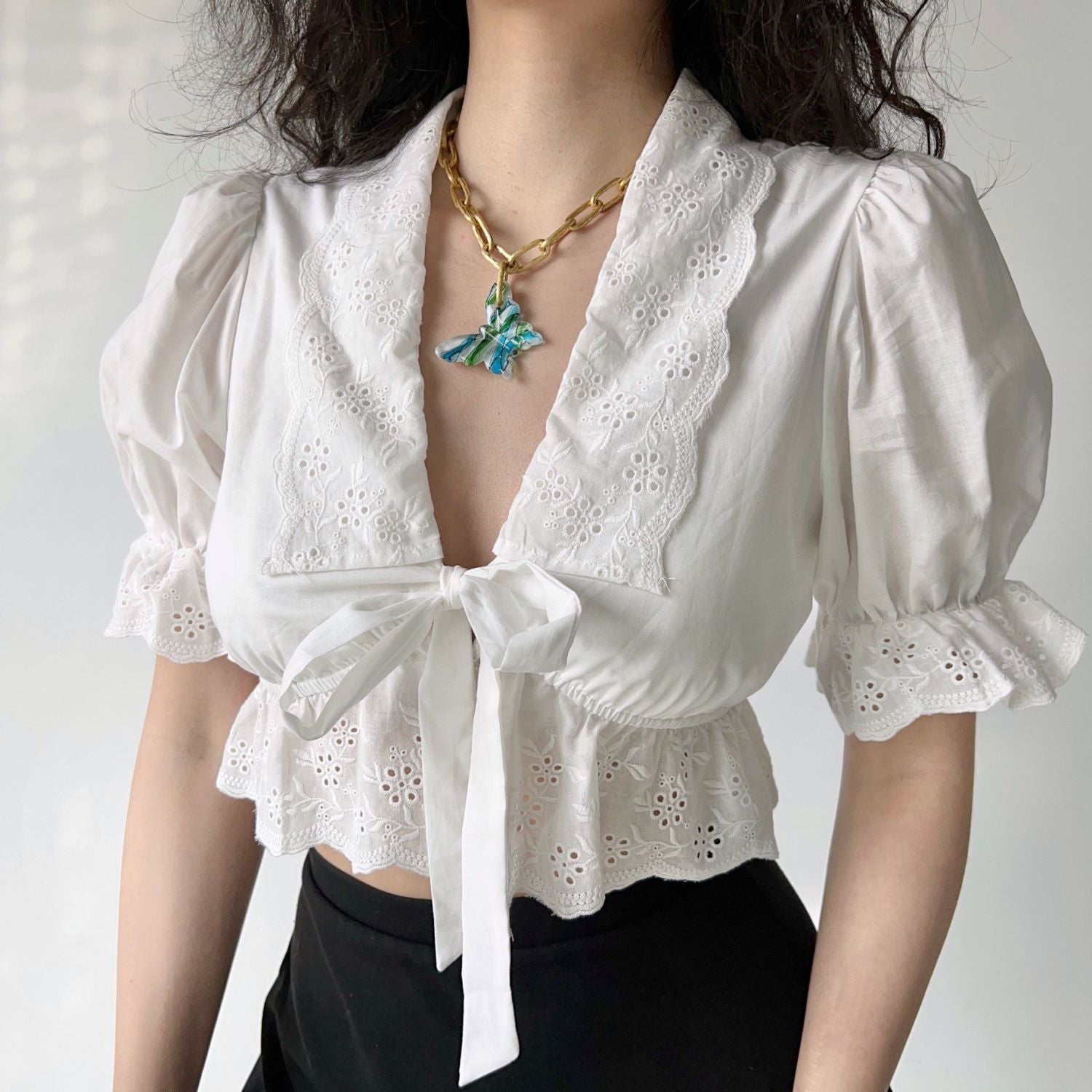 French palace style puff sleeves embroidered lace straps sexy versatile white crop  top