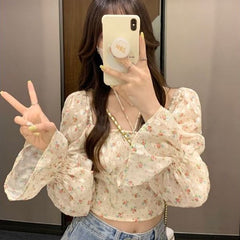 French sweet and spicy Puff sleeve floral chiffon short square neck long-sleeved top