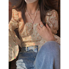 French sweet and spicy Puff sleeve floral chiffon short square neck long-sleeved top