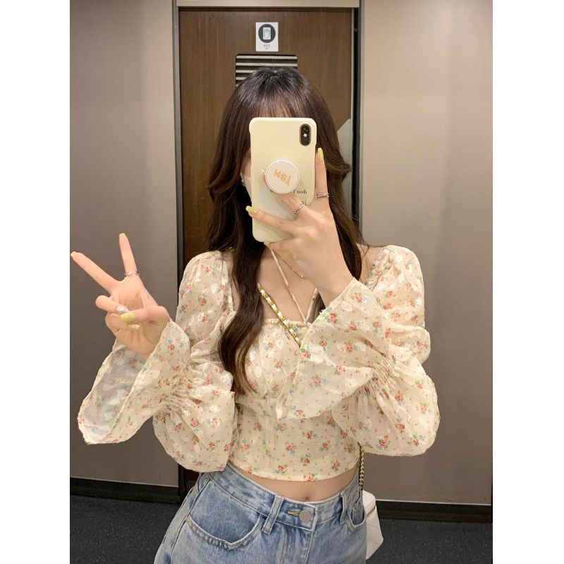 French sweet and spicy Puff sleeve floral chiffon short square neck long-sleeved top