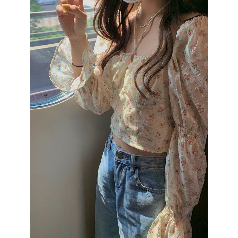 French sweet and spicy Puff sleeve floral chiffon short square neck long-sleeved top