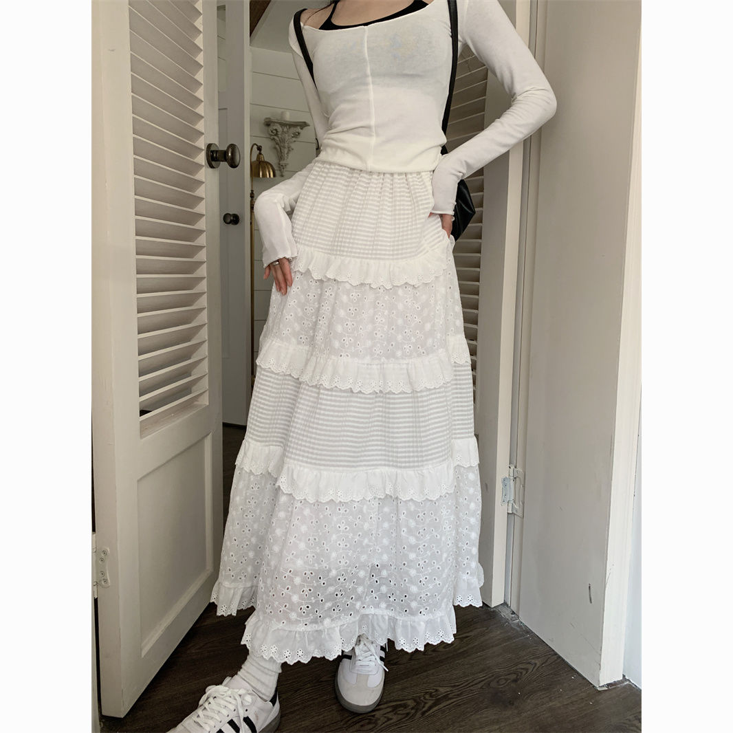 Crocheted Women's High Waist Slim A-Line Long White Cake Skirt