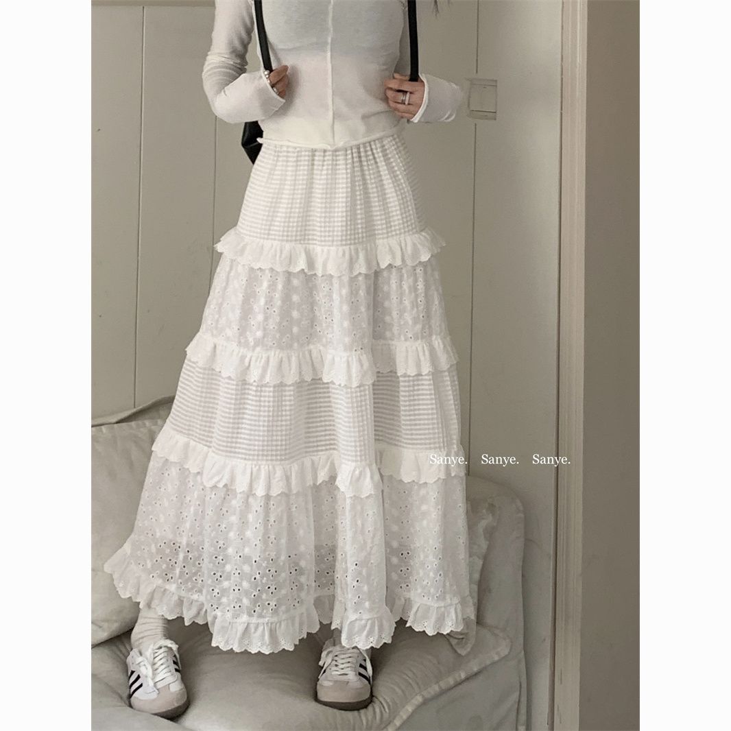 Crocheted Women's High Waist Slim A-Line Long White Cake Skirt