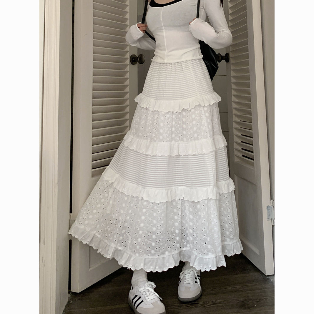 Crocheted Women's High Waist Slim A-Line Long White Cake Skirt