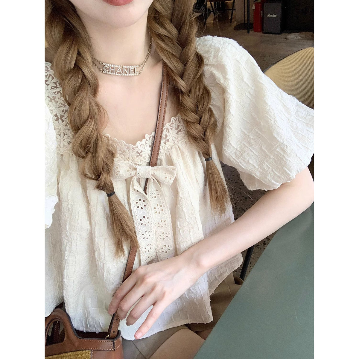 Palace style bow lace puff sleeve short-sleeved shirt sweet top