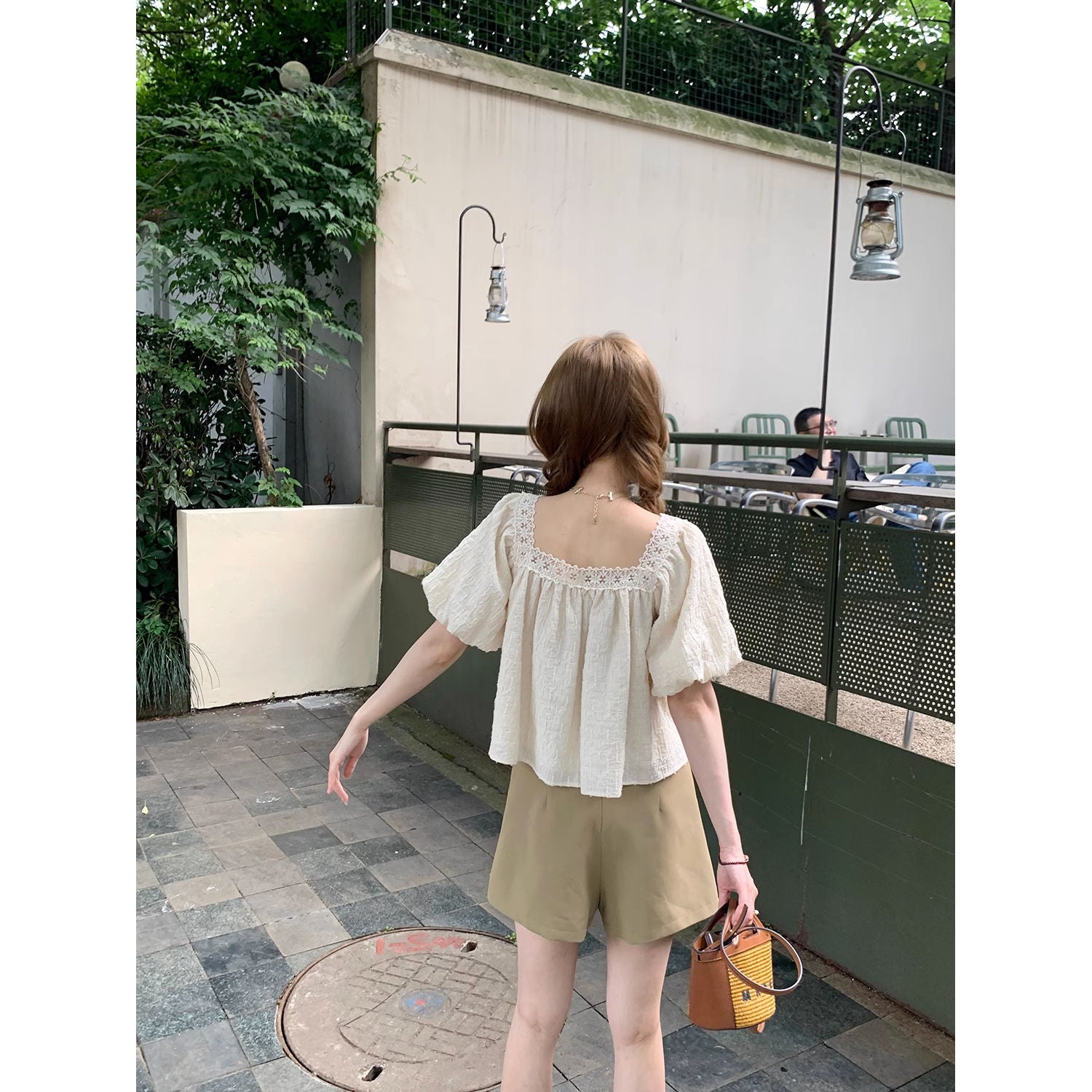 Palace style bow lace puff sleeve short-sleeved shirt sweet top