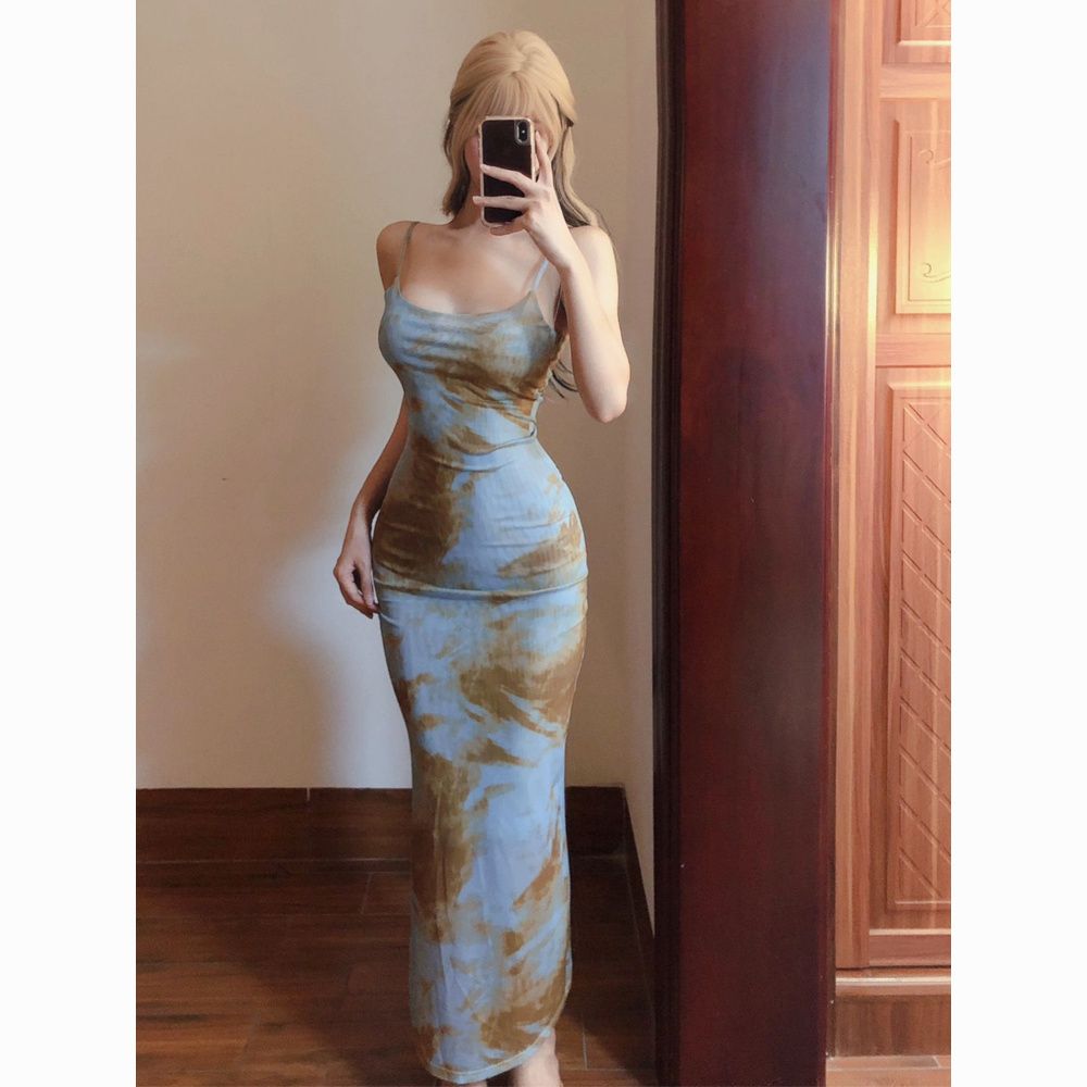 French tie-dye printed spaghetti strap dress  long bodycon dress