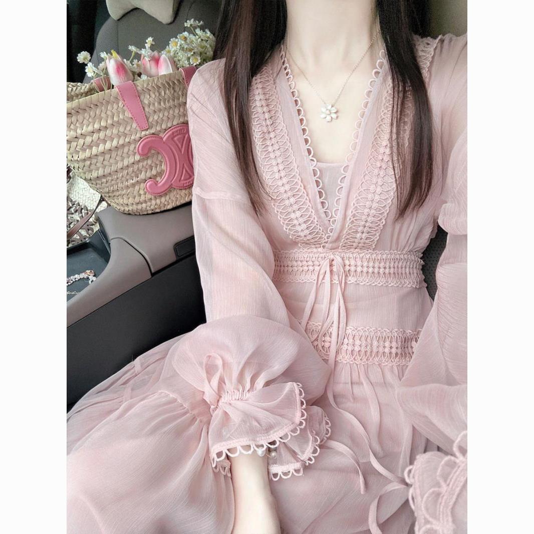 French pink v-neck lantern sleeve dress high-end exquisite drape pure maxi dress