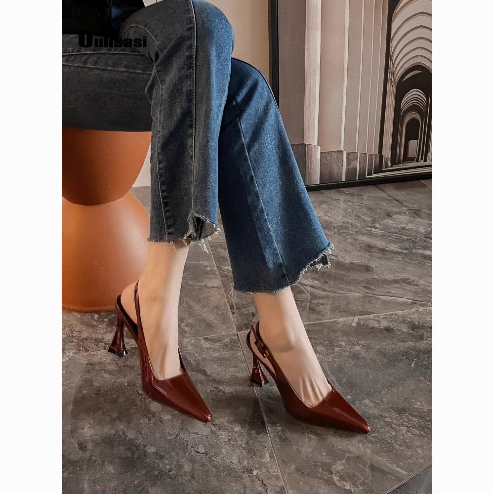 Shallow square toe hollow patent leather high heels